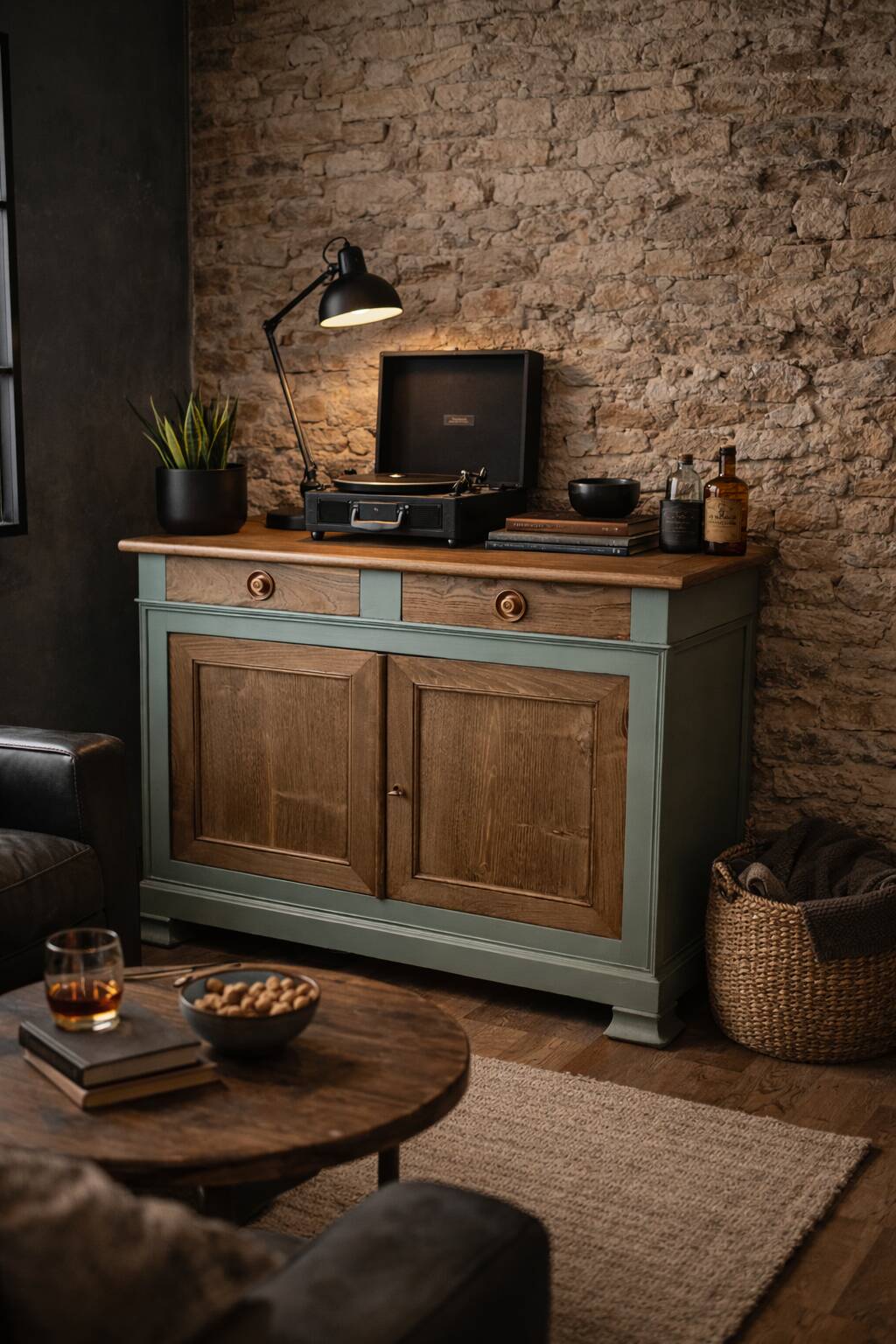 Buffet made of natural wood and bronze green.