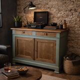 Buffet made of natural wood and bronze green.