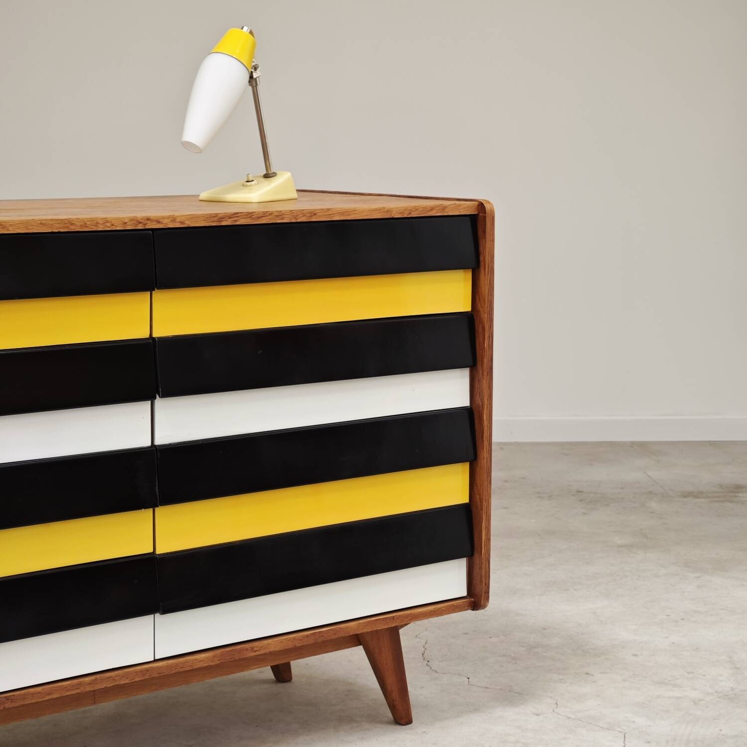 U453 yellow 8-drawer wooden sideboard by Jiri Jiroutek for Interier Praha 1960