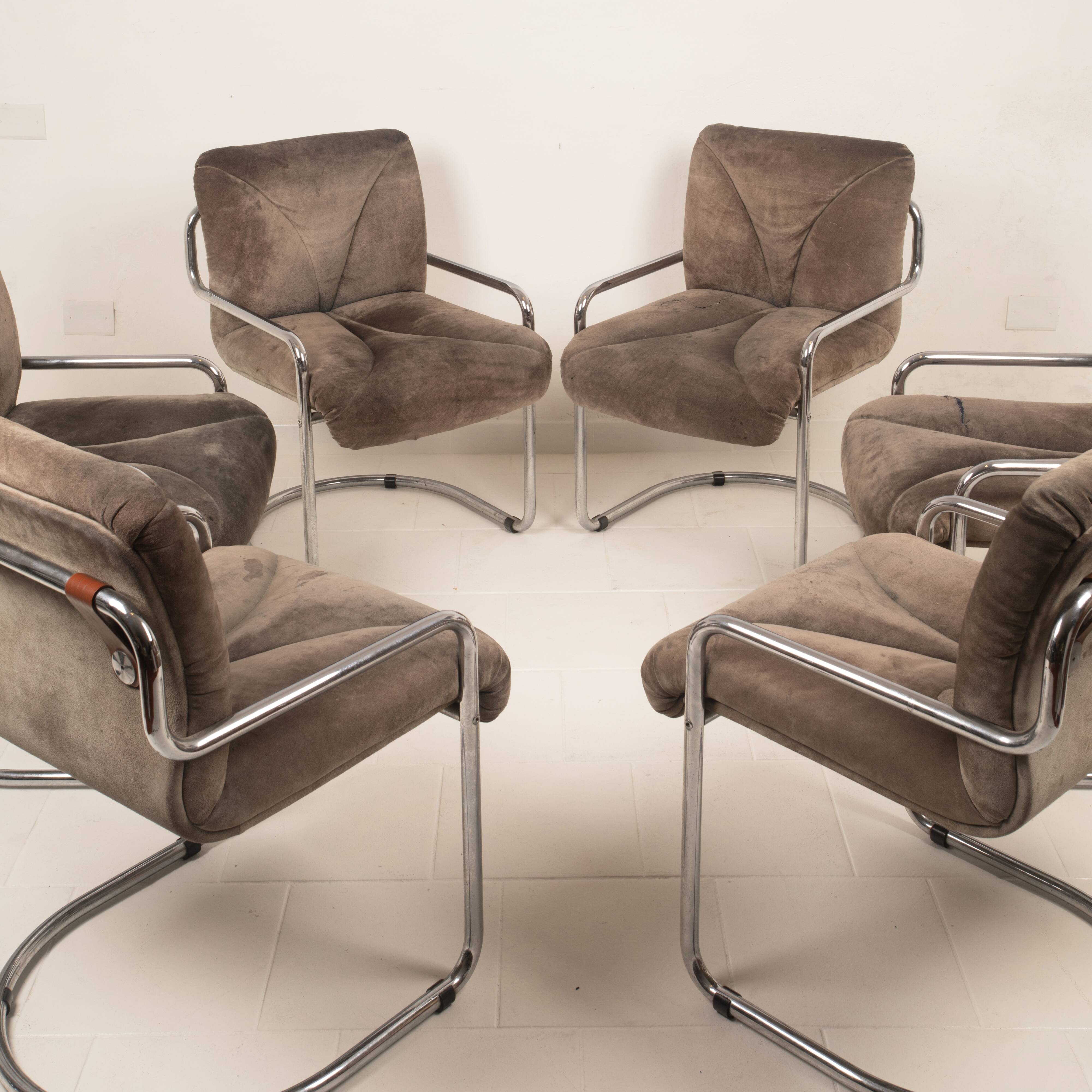 Guido Faleschini Italian Astro Chrome and Taupe Suede Armchairs for i4 Mariani