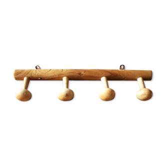 Coat rack vintage blond wood four round hooks