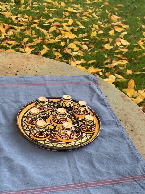 Tray, plate and 8 liqueur cups in ceramic from St Jean de Bretagne vintage 1950/60