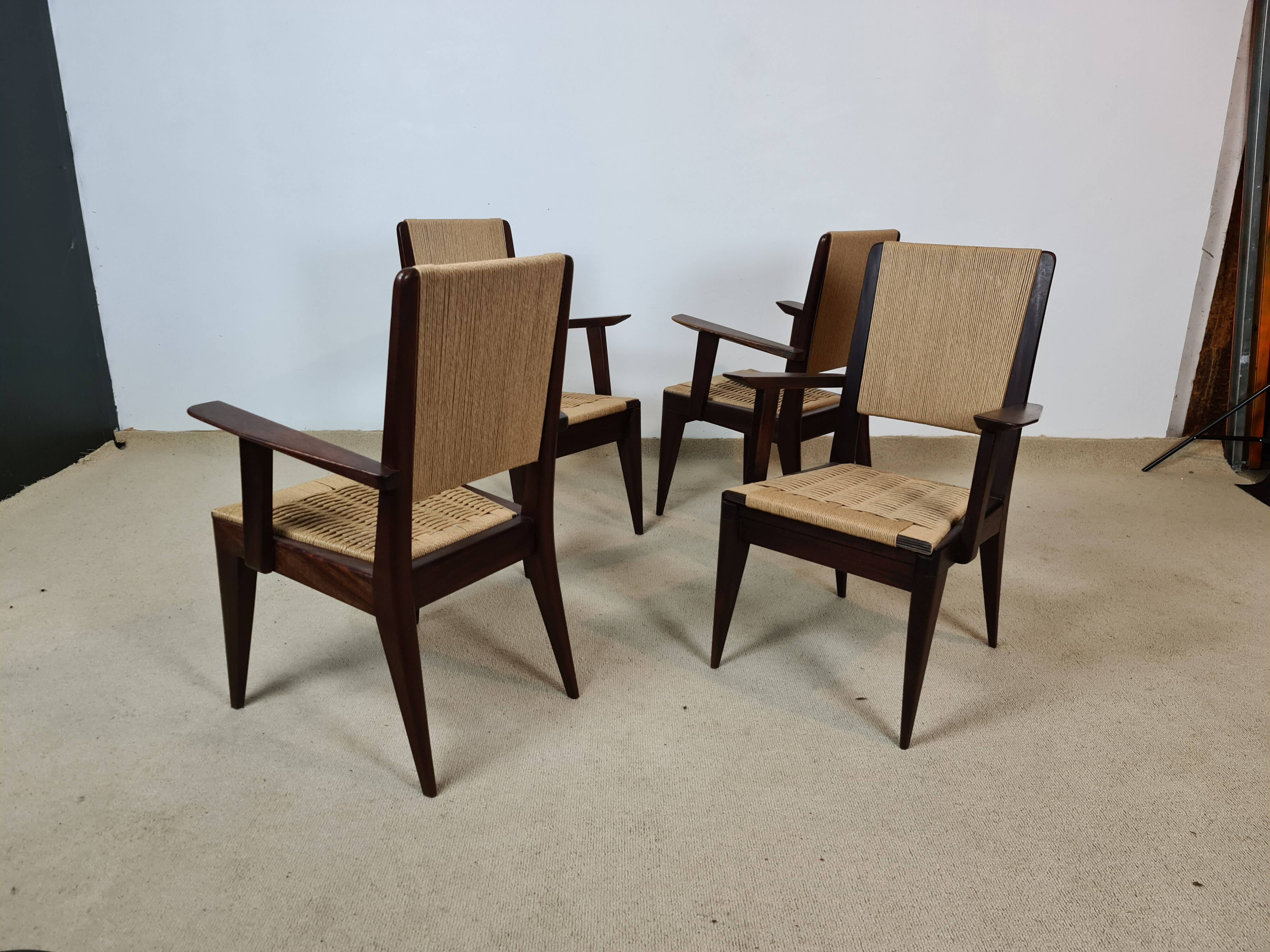 4 French mahogany and rope chairs 1950s