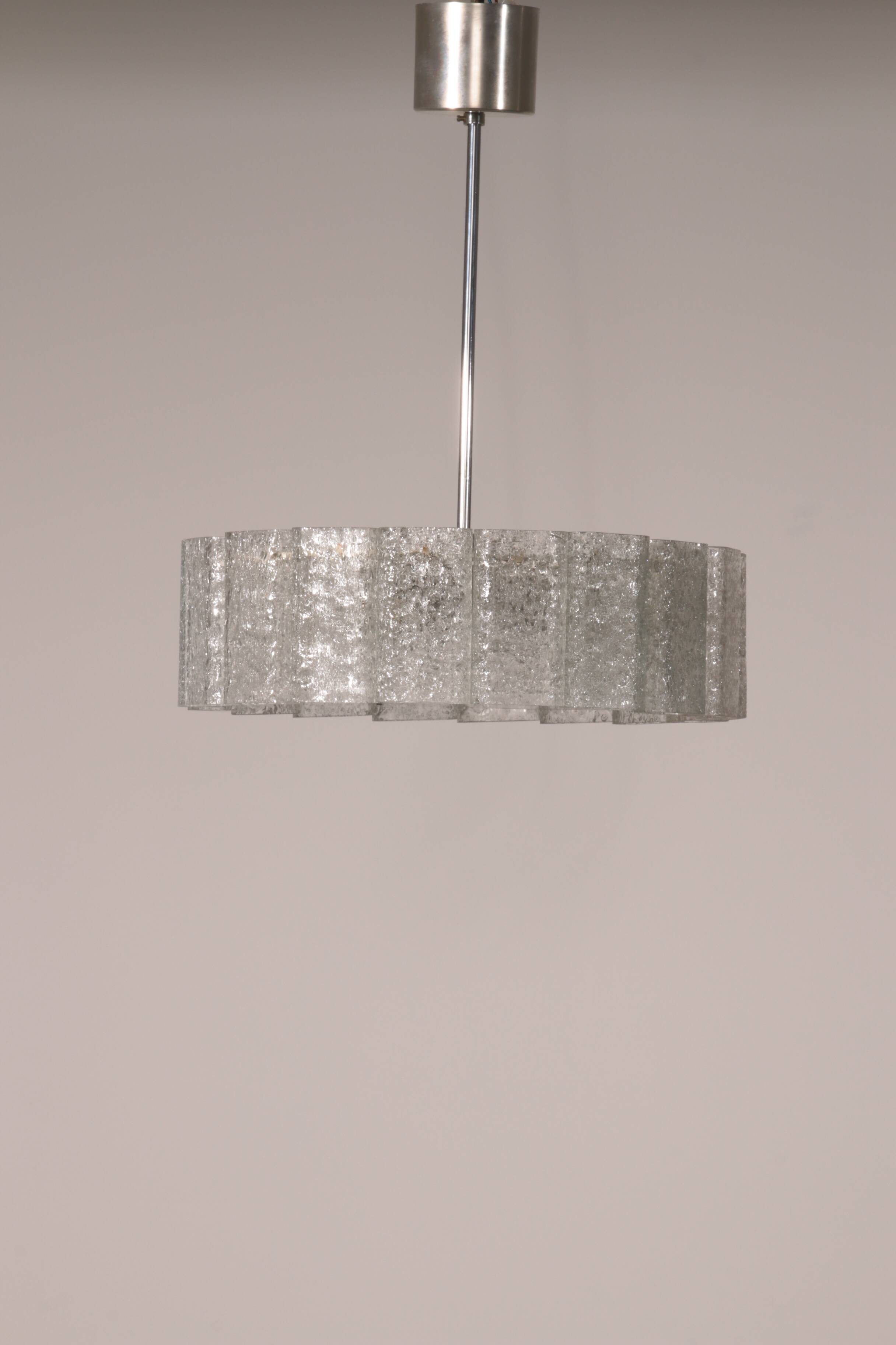 "Doria Leuchten Ice Glass Hanging Lamp with Relief Glass Cylinders, 1960s"