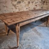 Antique French pine dining table, large farmhouse table on wheels, 19th century.