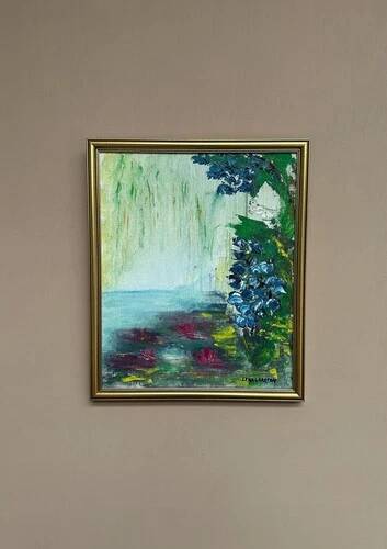 Mid-Century Oil on Canvas “Water Lilies” by Lena Larsson Framed 50 × 42 cm