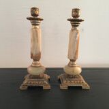 Pair of alabaster and brass candle holders
