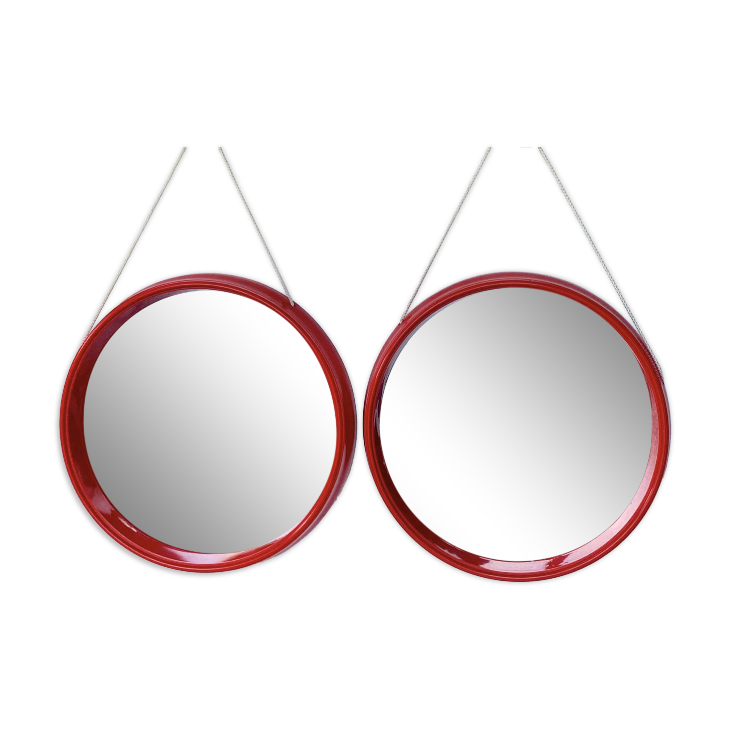 Pair of vintage round red plastic mirrors