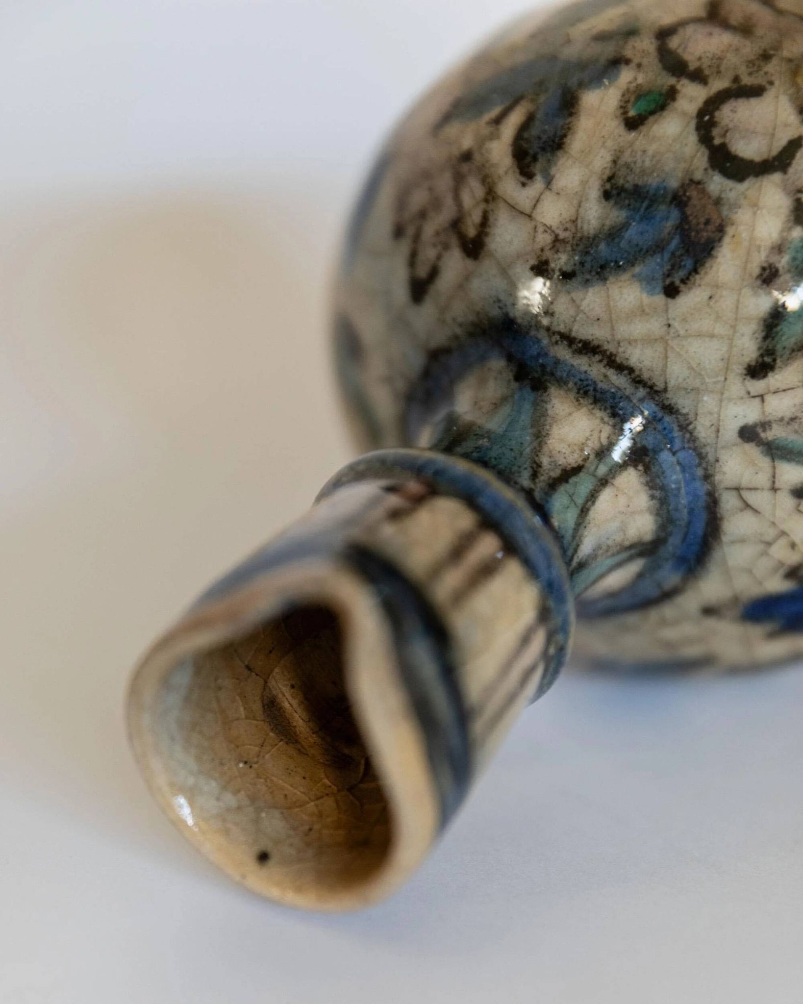 Antique 18th-century ceramic vase, hand-painted, Near Eastern design with floral motif and handle, small decorative art piece, gift idea.