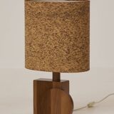 Pair of handcrafted lamps in solid oak with cork shades, circa 1970