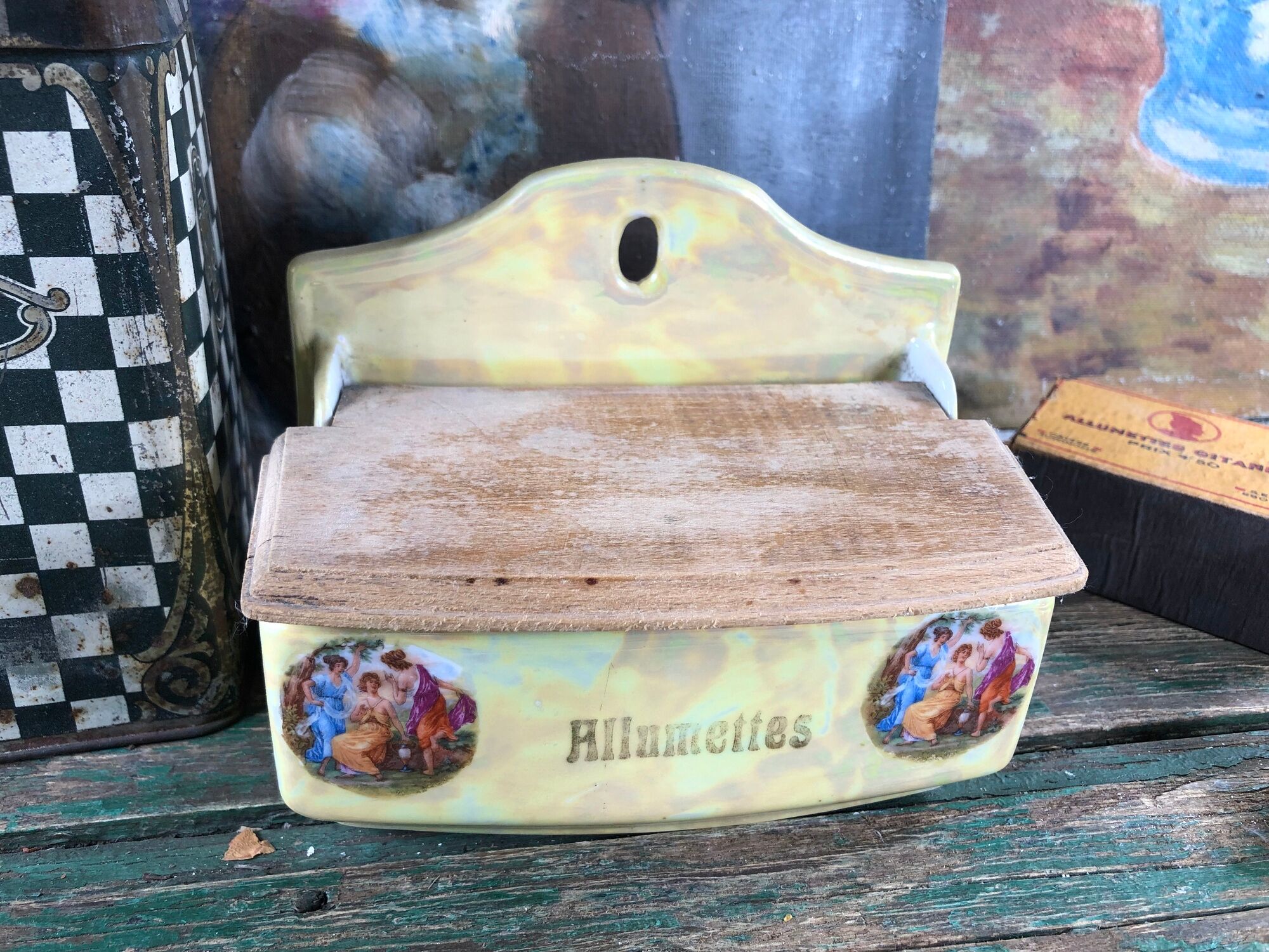 Matchbox or salt in enamelled yellow wall with decoration of women