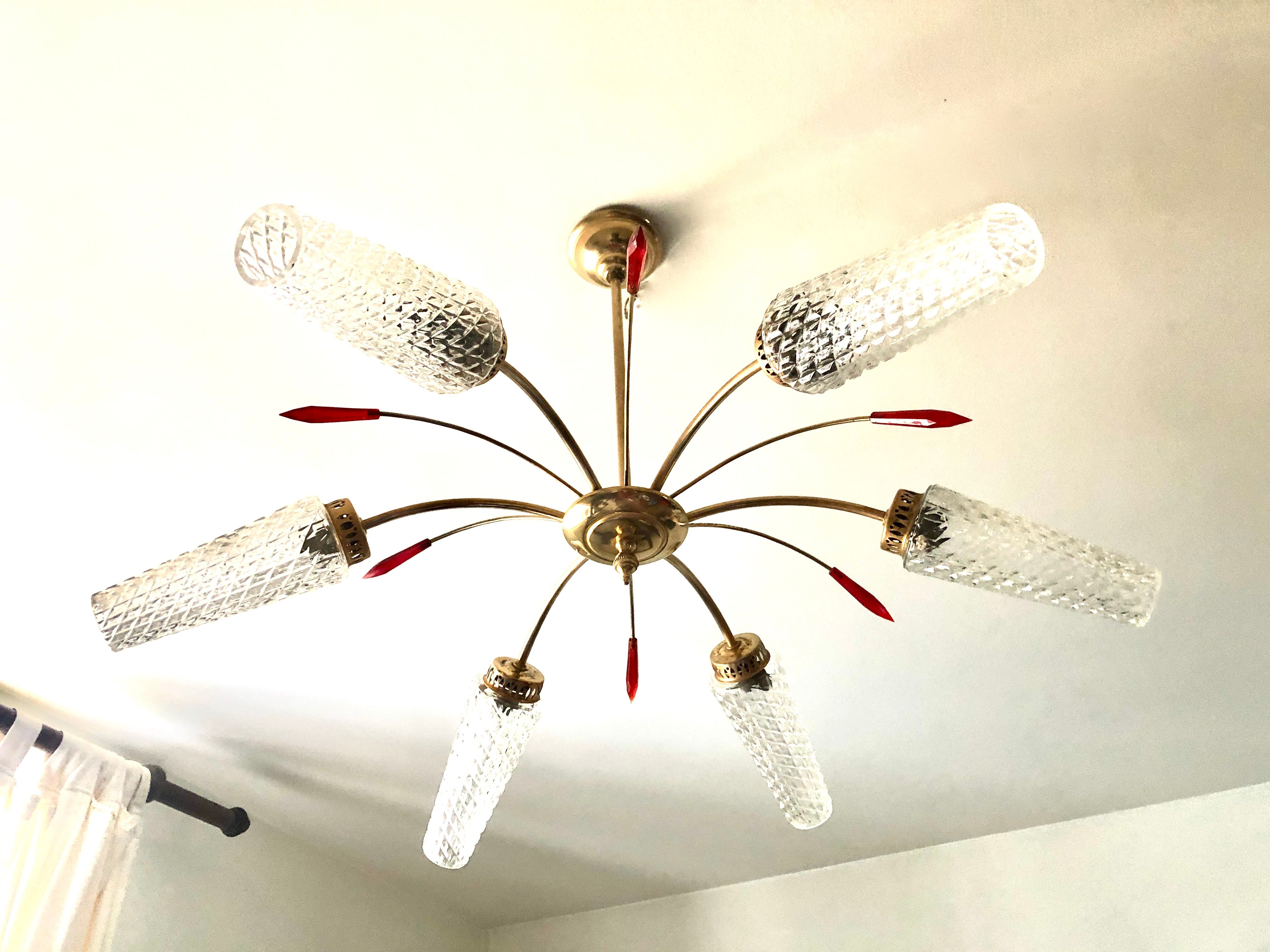 Golden brass chandelier 6 tulips red diamond tips 1950