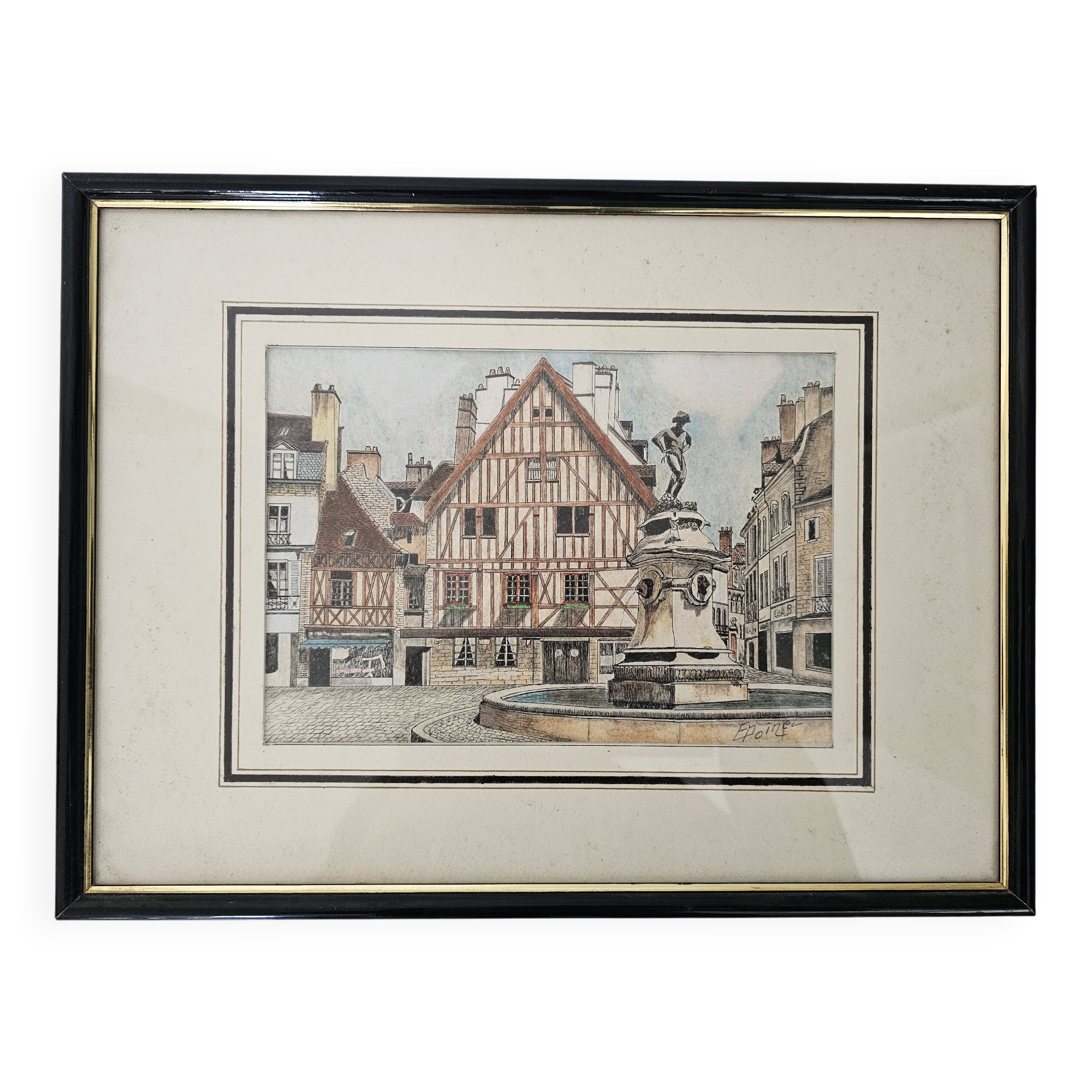 Tableau Ink and pastel - Dijon Place François-Rude - E Poinet