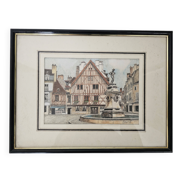 Tableau Ink and pastel - Dijon Place François-Rude - E Poinet