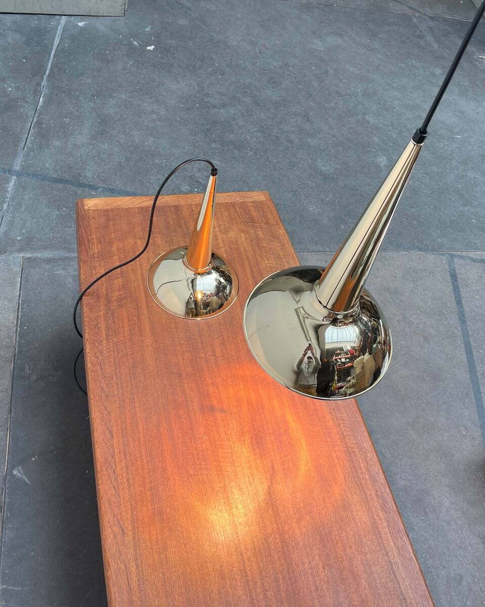 Danish mid-century brass cone pendant lamps, 1950s, set of 2.