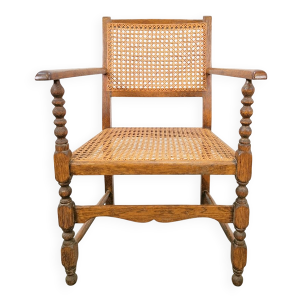 Fauteuil à bobine néerlandaise Arts & Crafts en chêne et rotin, années 1930