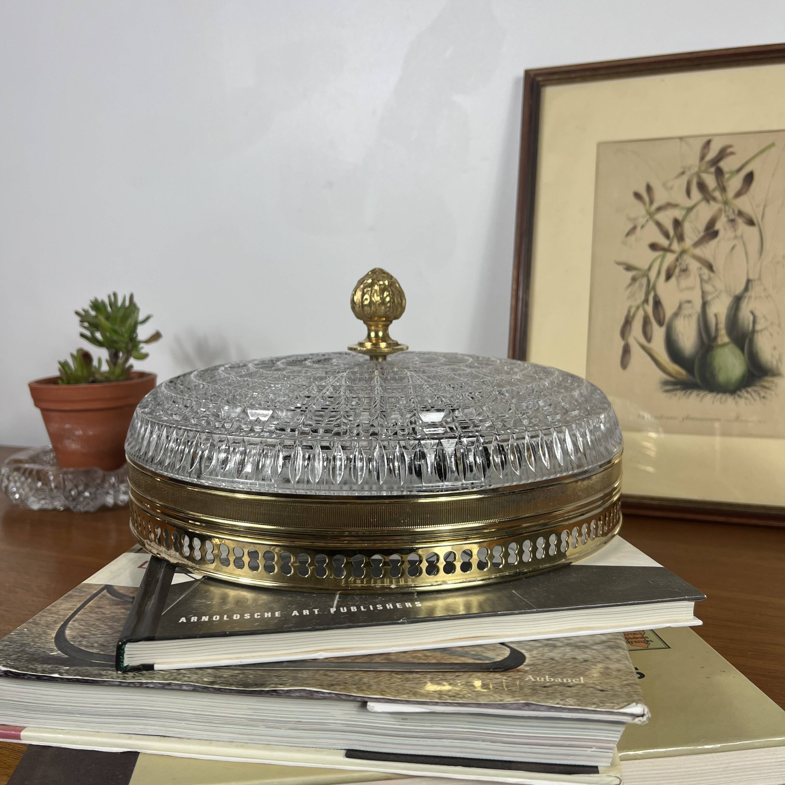 Glass and gold metal ceiling light, vintage model from the 1930s.