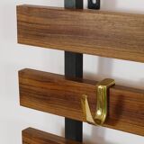 Wall coat rack by Carl Aubock with 5 brass hooks, walnut, iron, Austria, 1950s.