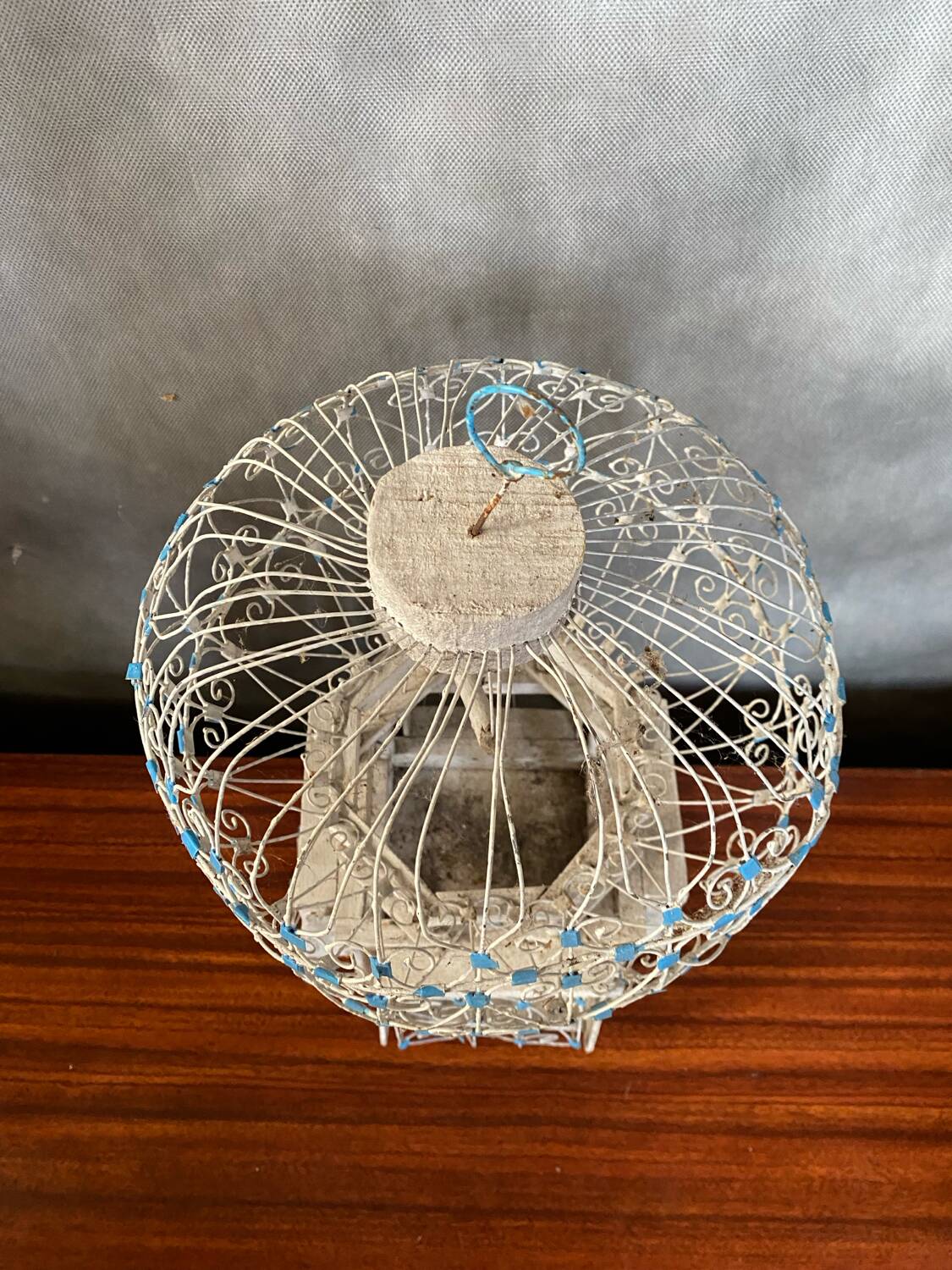 Old Bird Cage Hot Air Balloon Wood + Metal White Blue Vintage Deco