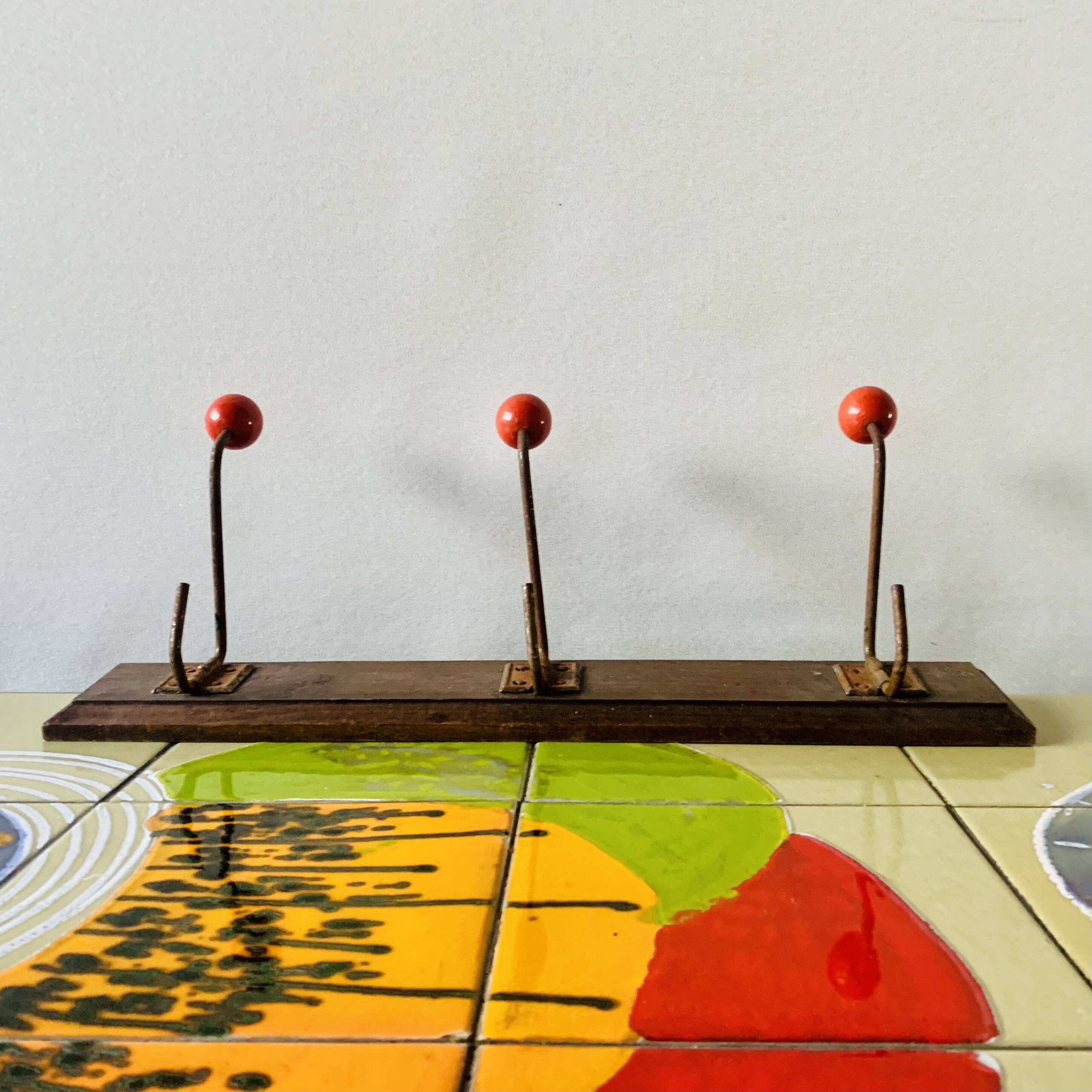 Vintage wooden wall coat rack - triple coat hook with red balls