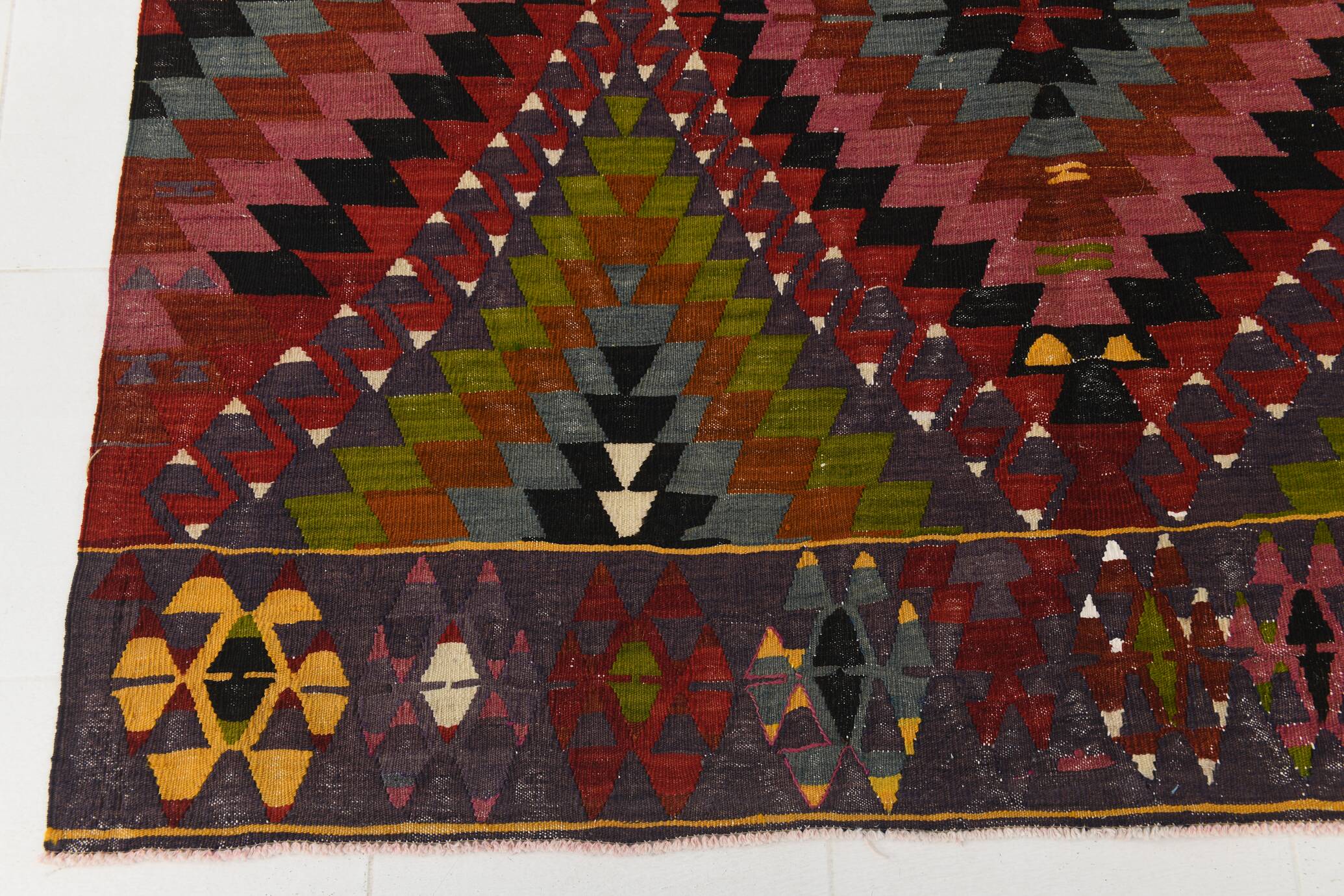 Geometric Pattern Burgundy  Turkish Vintage Kilim Rug, 188x338 Cm