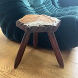Brutalist wooden and cowhide stool