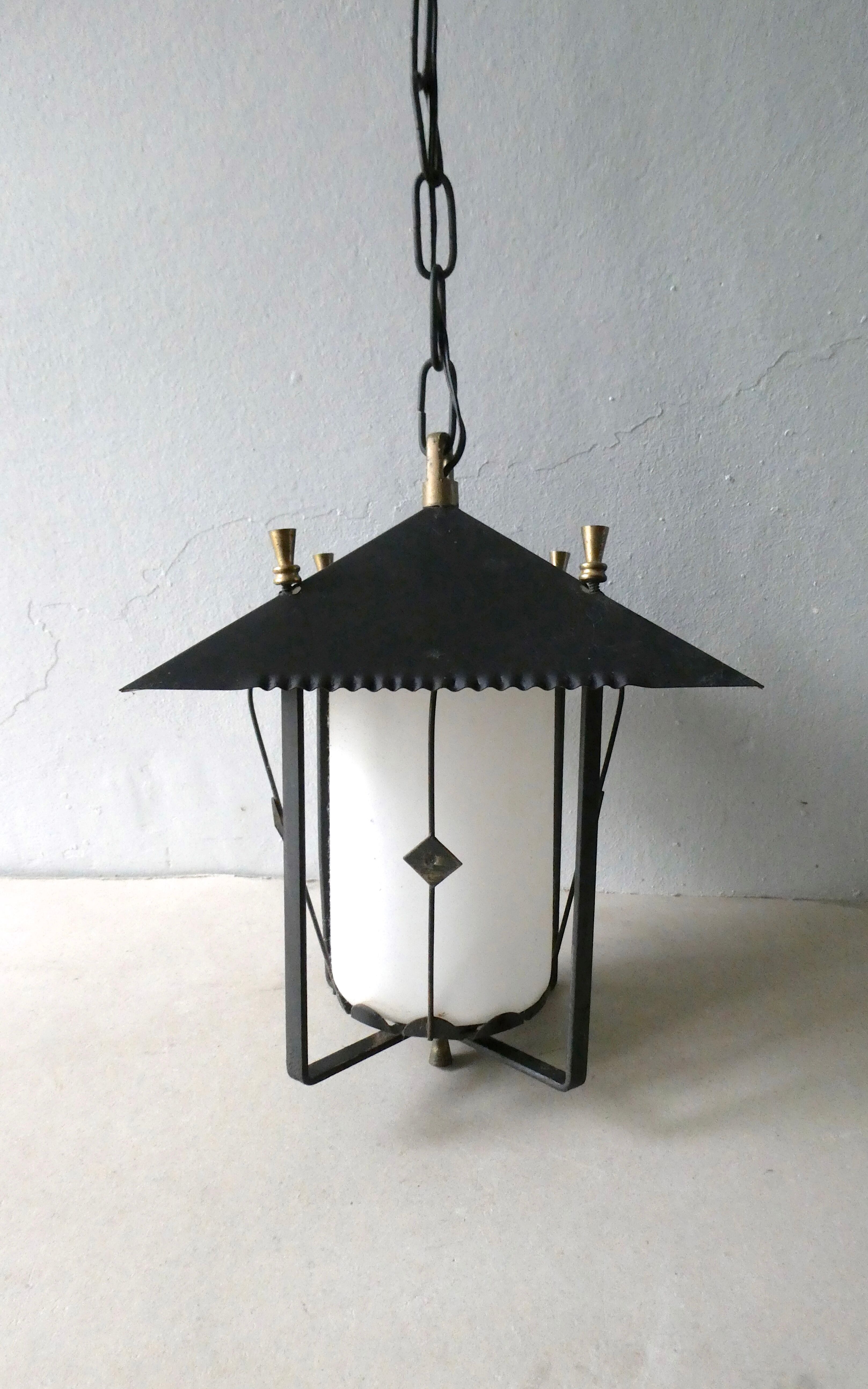 Lantern suspension in black metal and opaline of the 50s