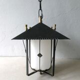 Lantern suspension in black metal and opaline of the 50s