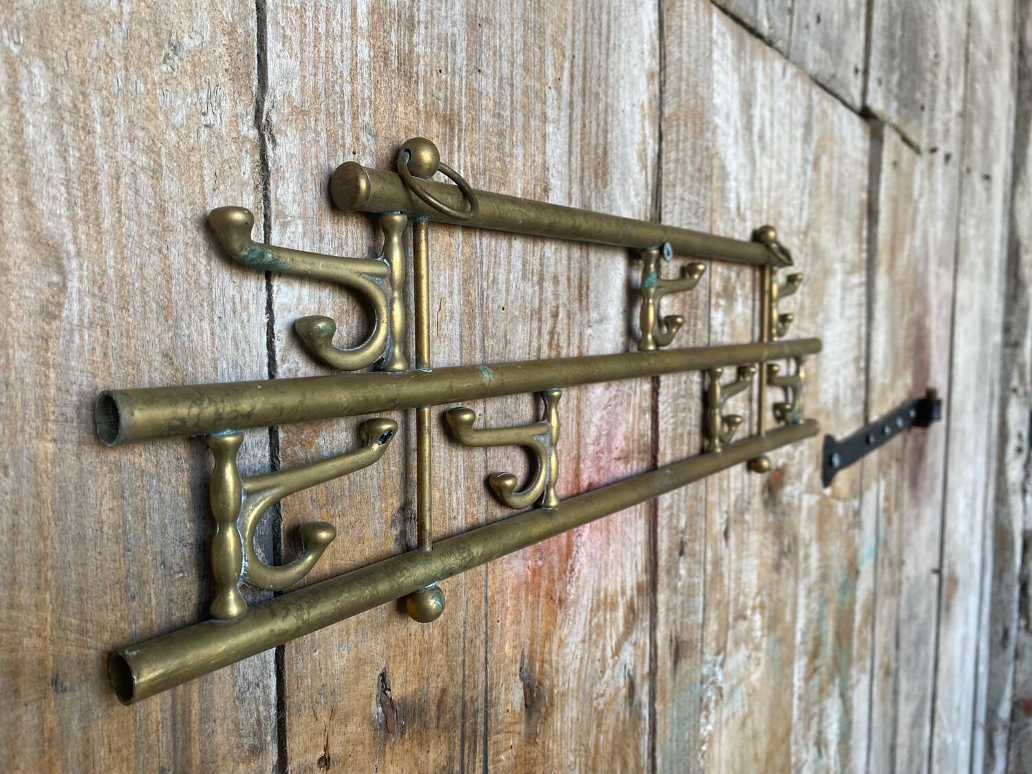 Vintage Wall Coat Rack Brass 7 Foldable Hooks #D748