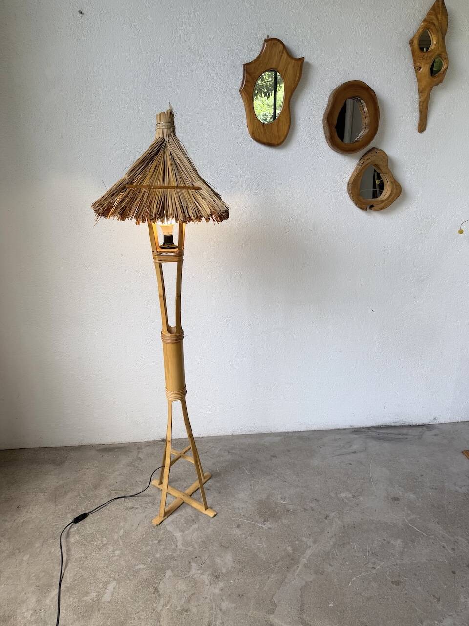 Bamboo and straw floor lamp 1980