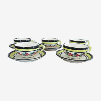 Set of 5 cups and 5 under cups Henriot Quimper
