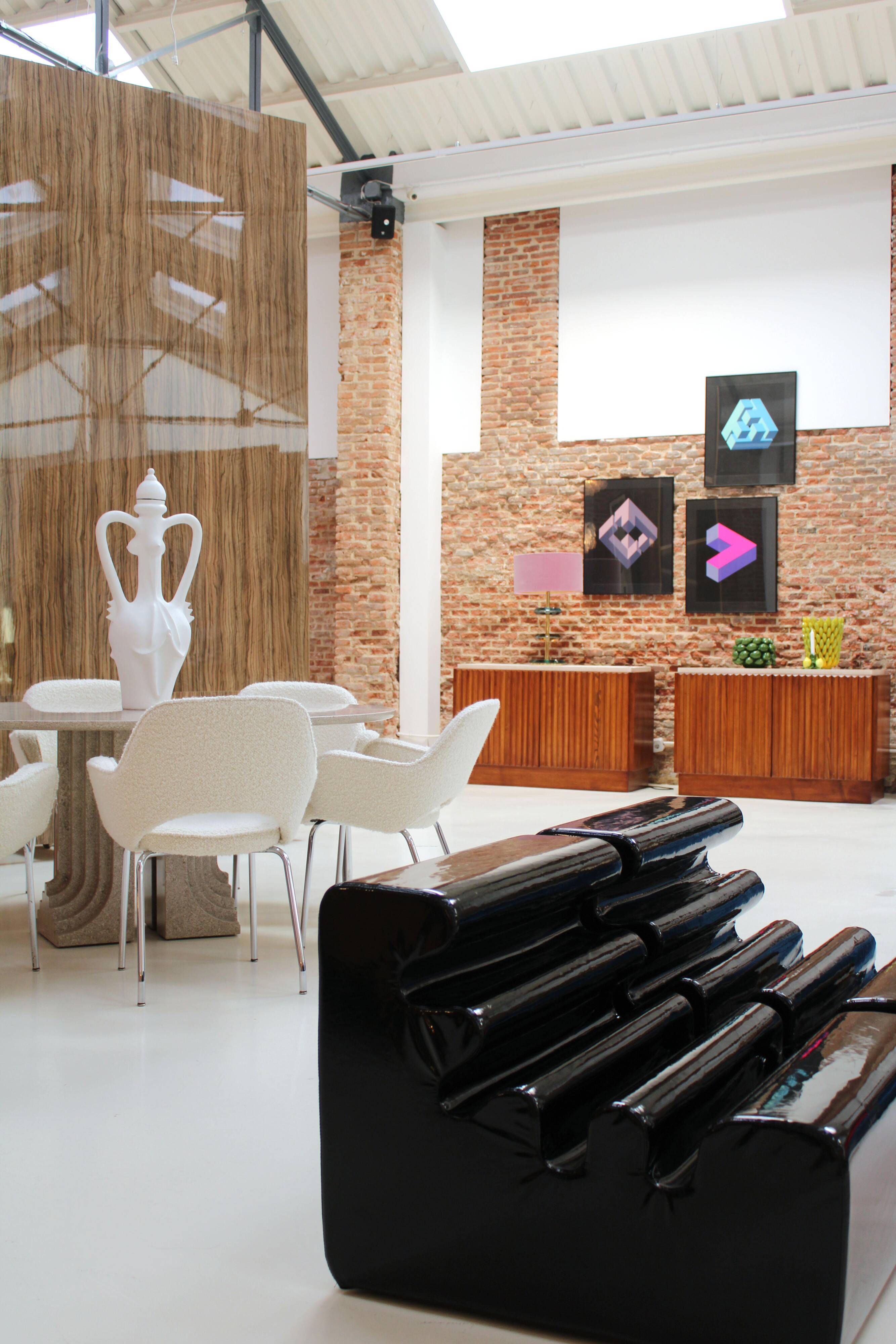 Contemporary Pair of Italian Sideboards Made of Solid Wood and Travertine