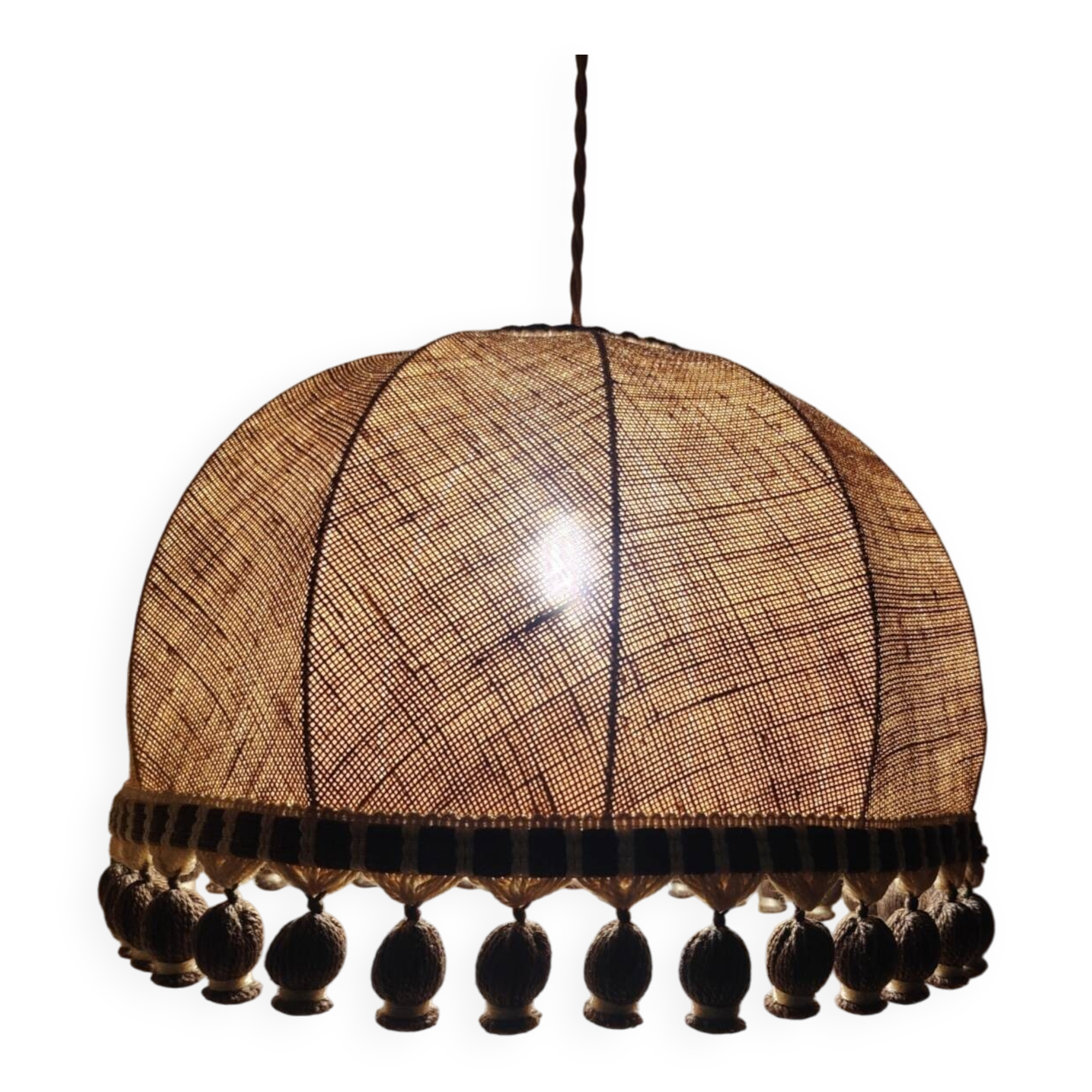 Large hanging pendant light with a burlap and pom-pom style