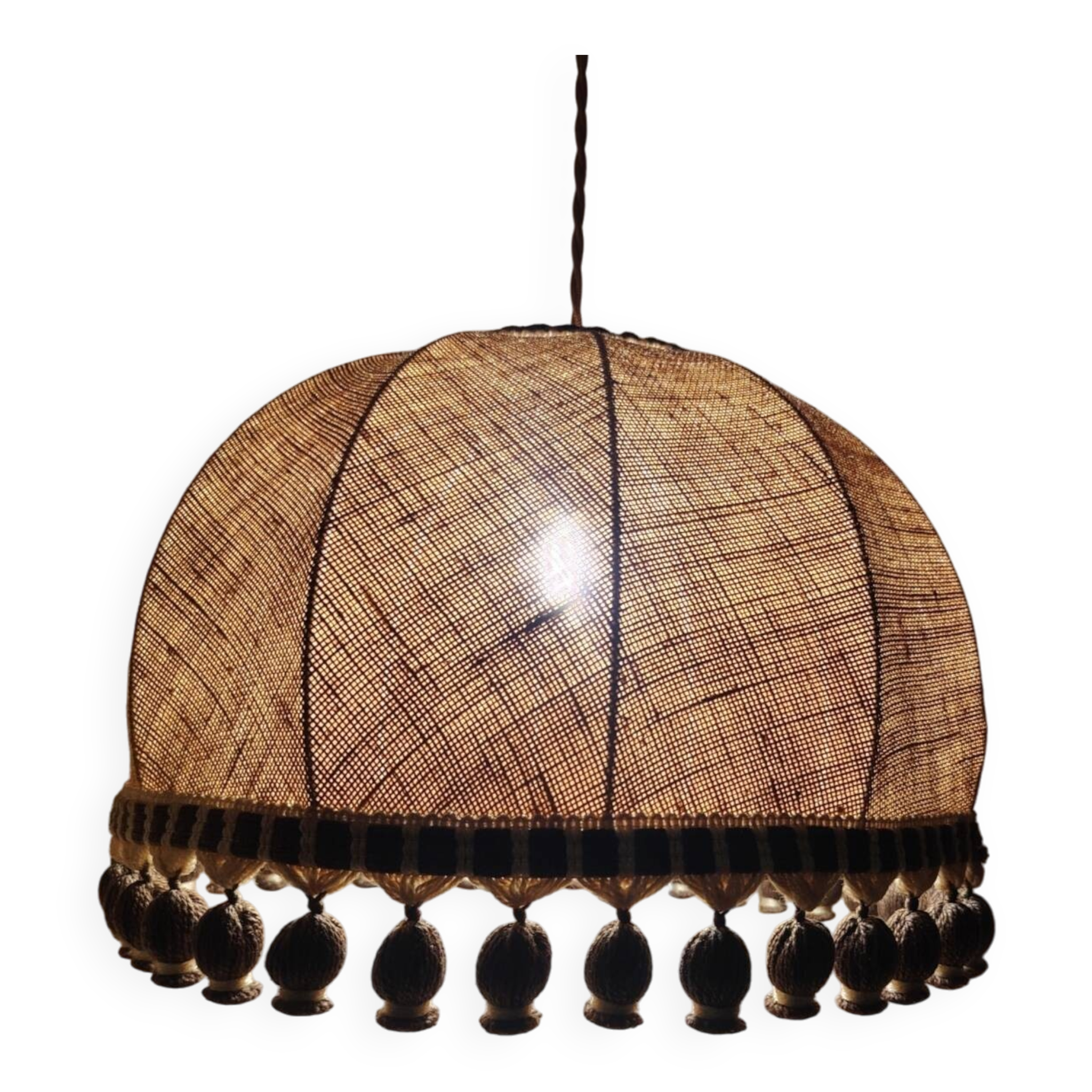 Large hanging pendant light with a burlap and pom-pom style
