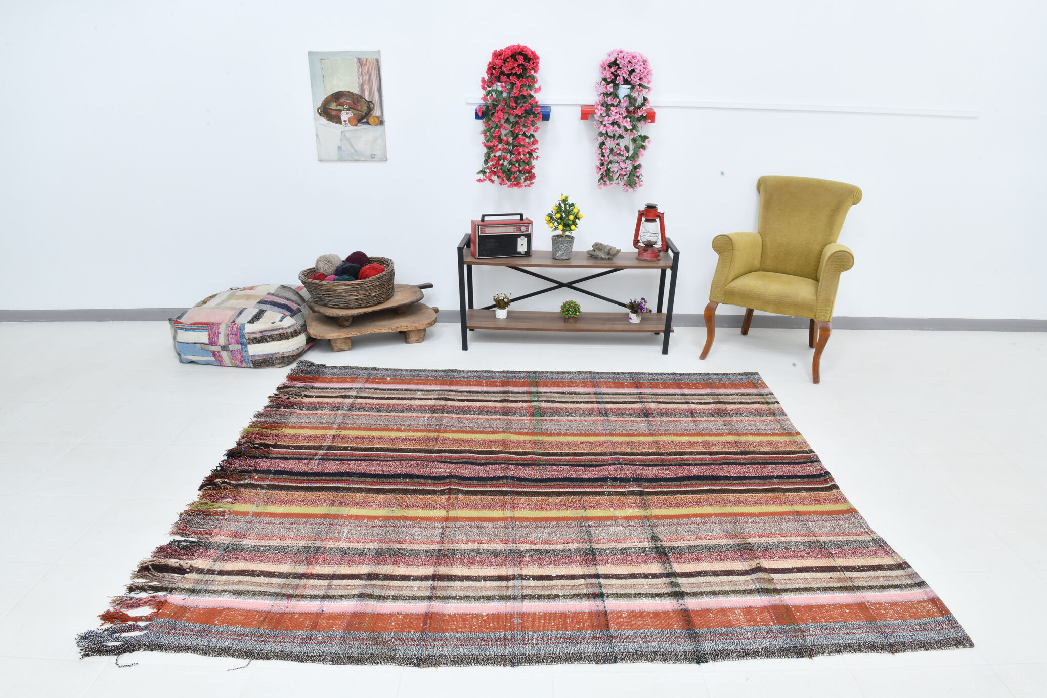 Kilim multicolore rayé moderne 6x7, 203x230Cm