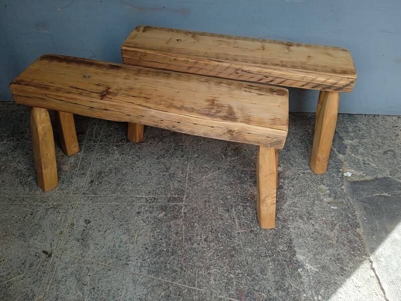 Pair of 2 patinated solid wood benches / stools