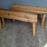 Pair of 2 patinated solid wood benches / stools