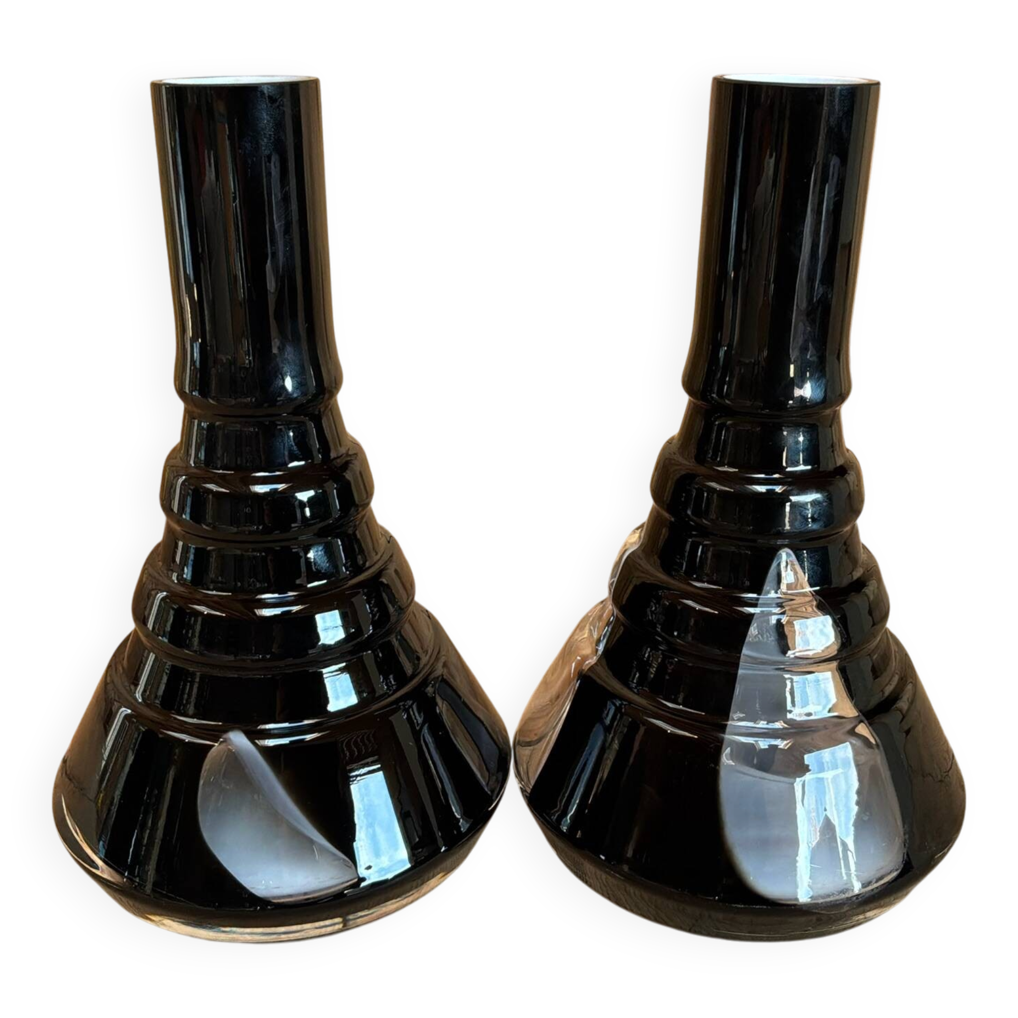Pair of black and opaline multilayer glass vases. 1970s.