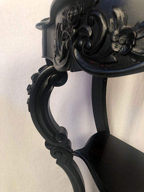 Pair of blackened wooden consoles, marble top