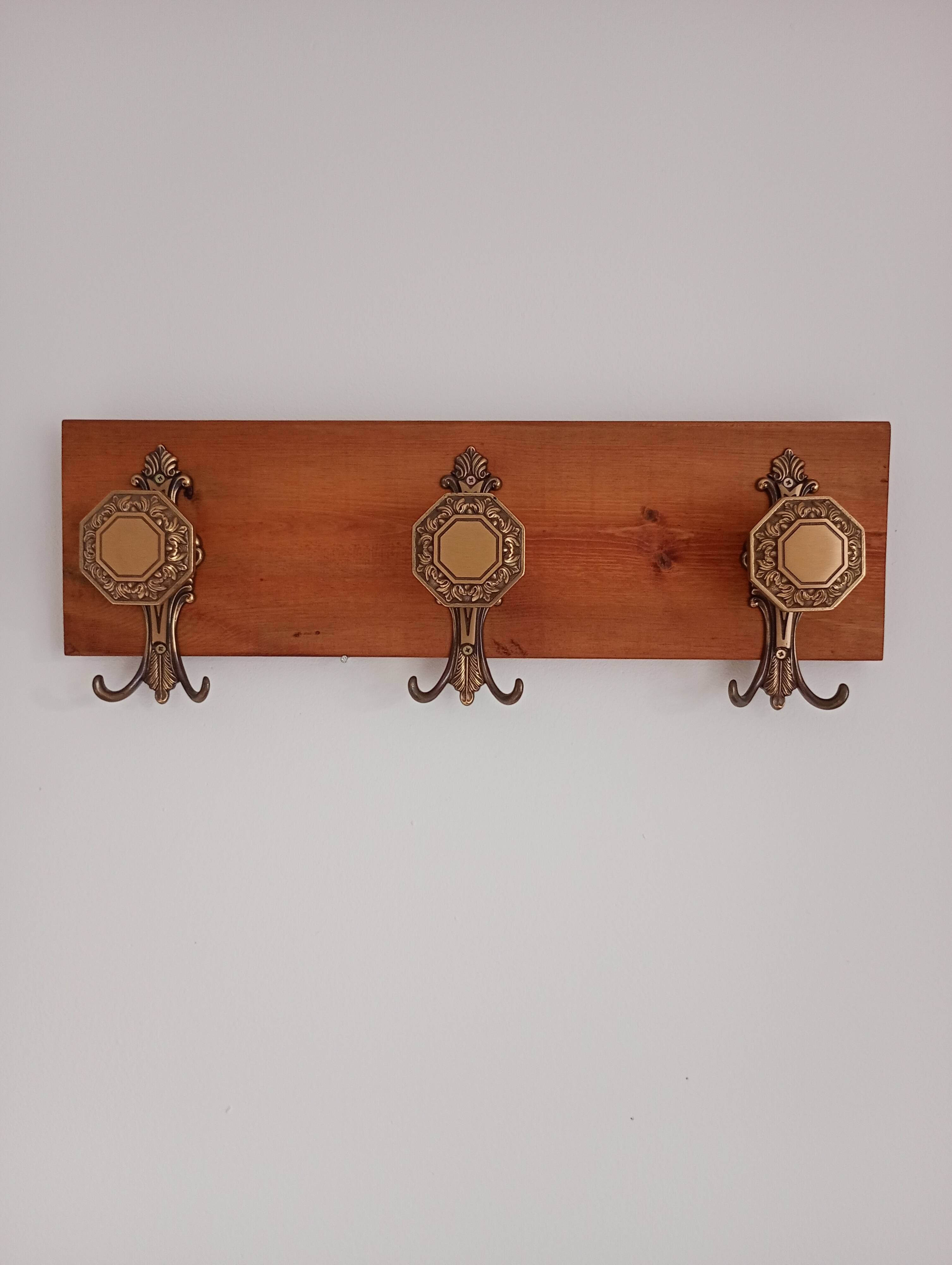 Wall-mounted coat rack 3 hooks brass vcr italy - vintage decoration