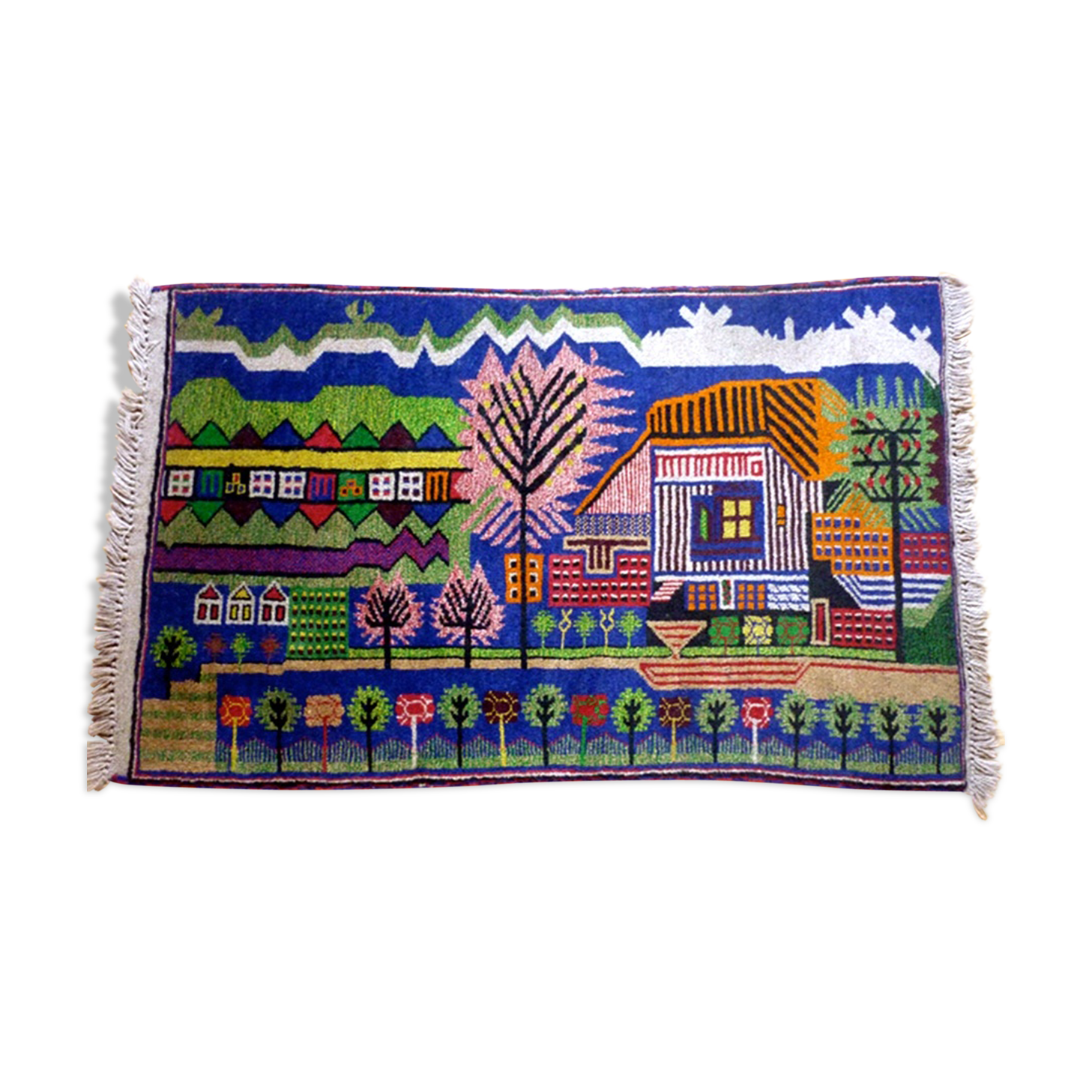 Afghan carpet 80s MOTIF VILLAGE IN PRINTEMPS 85x148cm