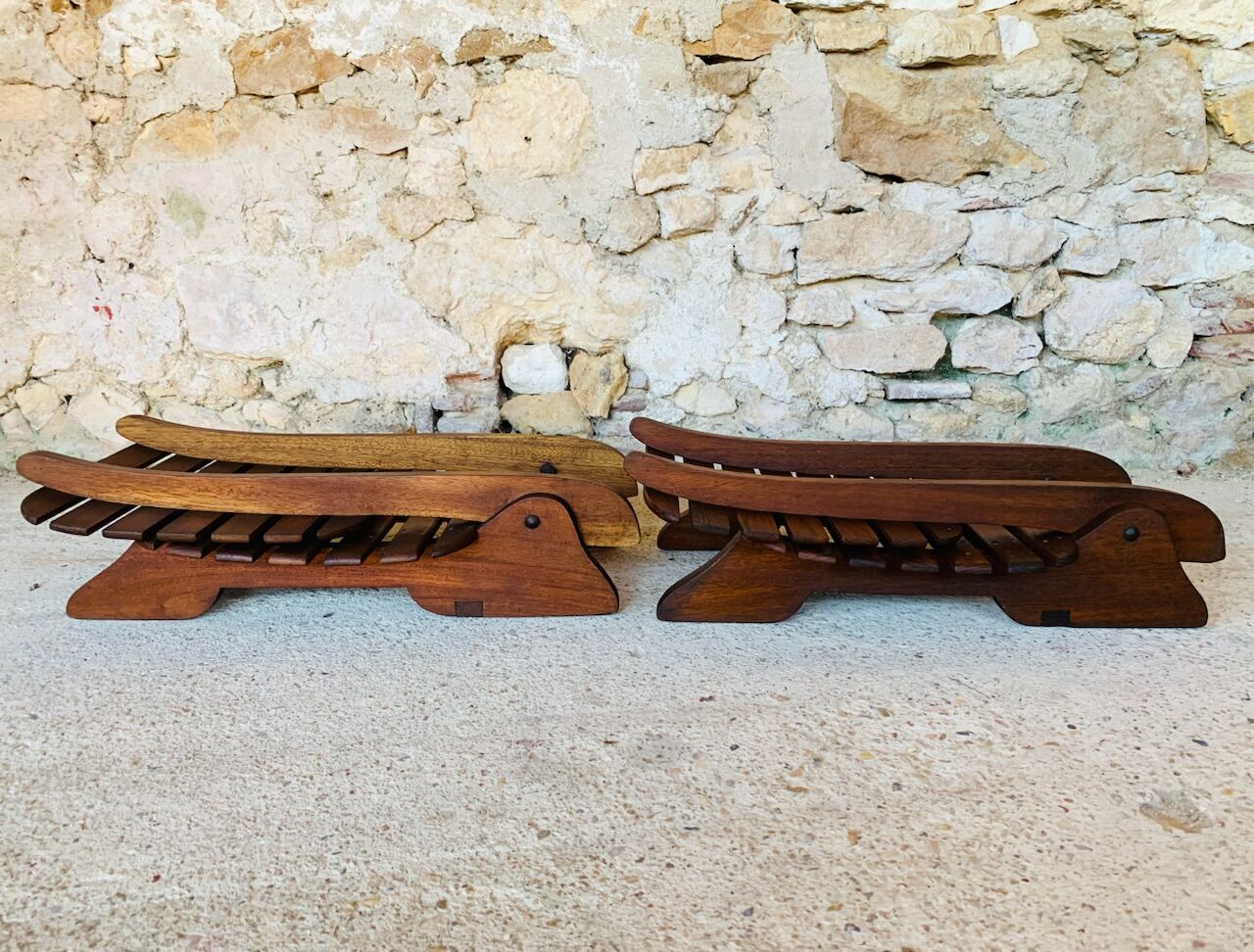 Pair of vintage folding chairs with slats, 1950-1960