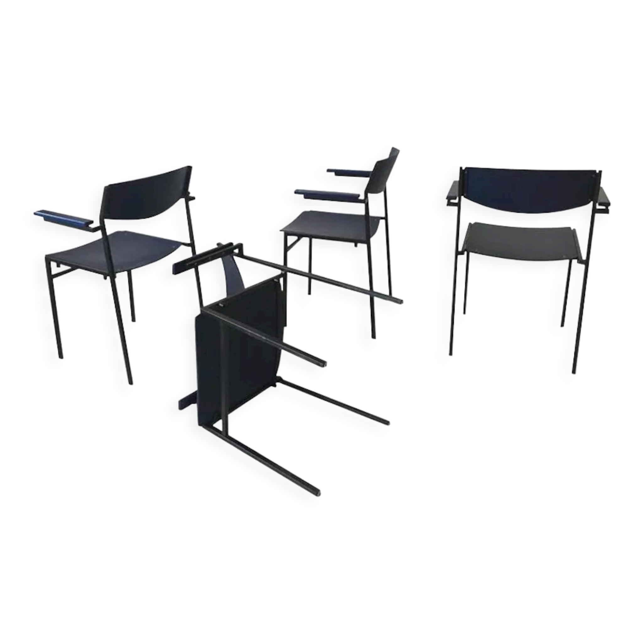 4 fauteuils empilables minimalistes en métal bleu et contreplaqué par Gijs van der Sluis