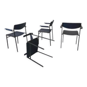 4 fauteuils empilables minimalistes en métal bleu et contreplaqué par Gijs van der Sluis
