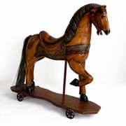 Antique painted wooden rocking horse – Large decorative model on wheels