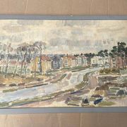 Original Swedish Oil On Panel – “Seaside Town” – Vintage & Framed – 57 × 39 Cm (22.4" × 15.4")