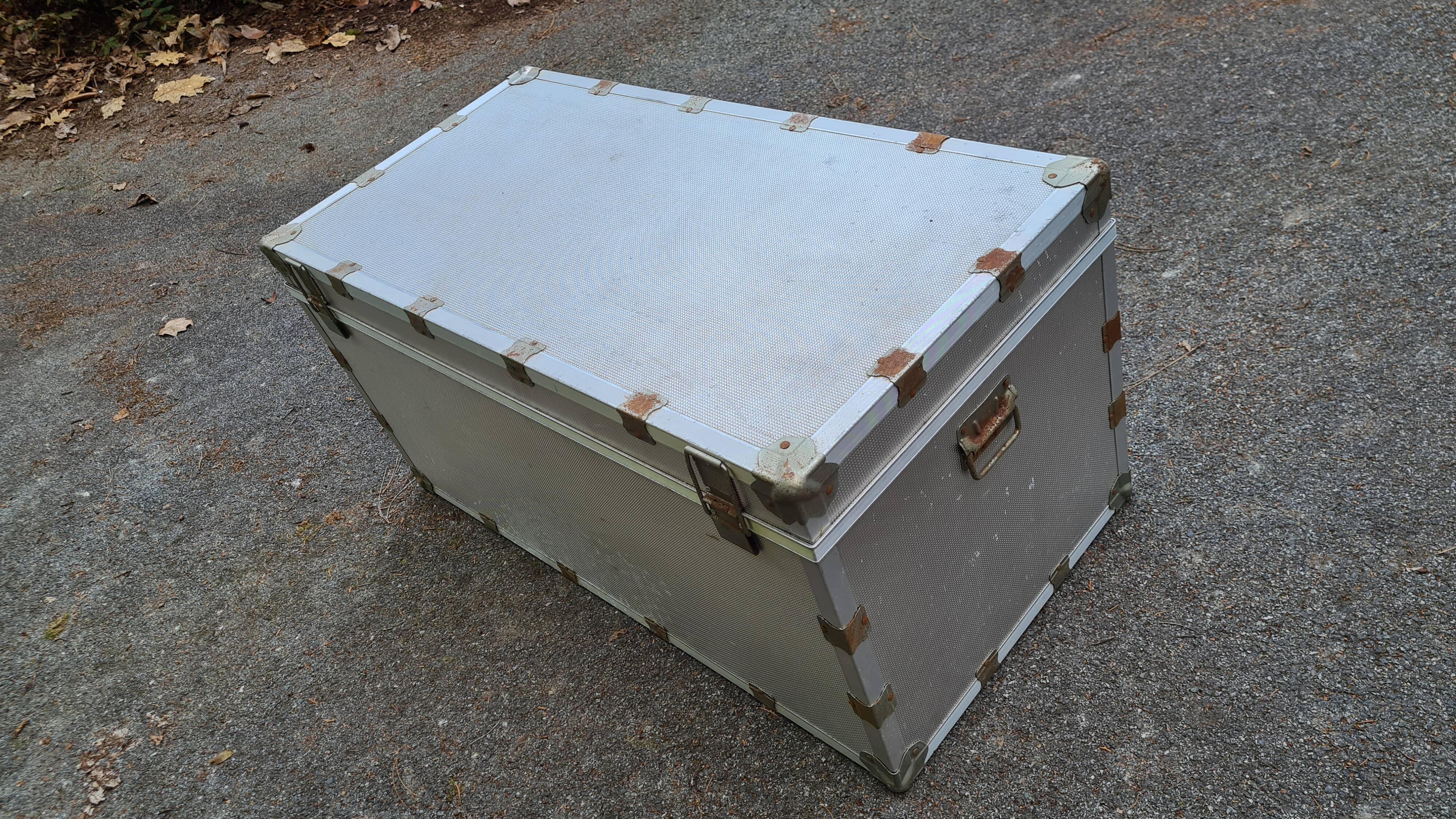 Old metal aluminum trunk / mail trunk / industrial / interior fabric