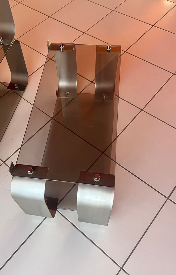 Étagère murale design Donald Singer – années 70 – inox & verre fumé