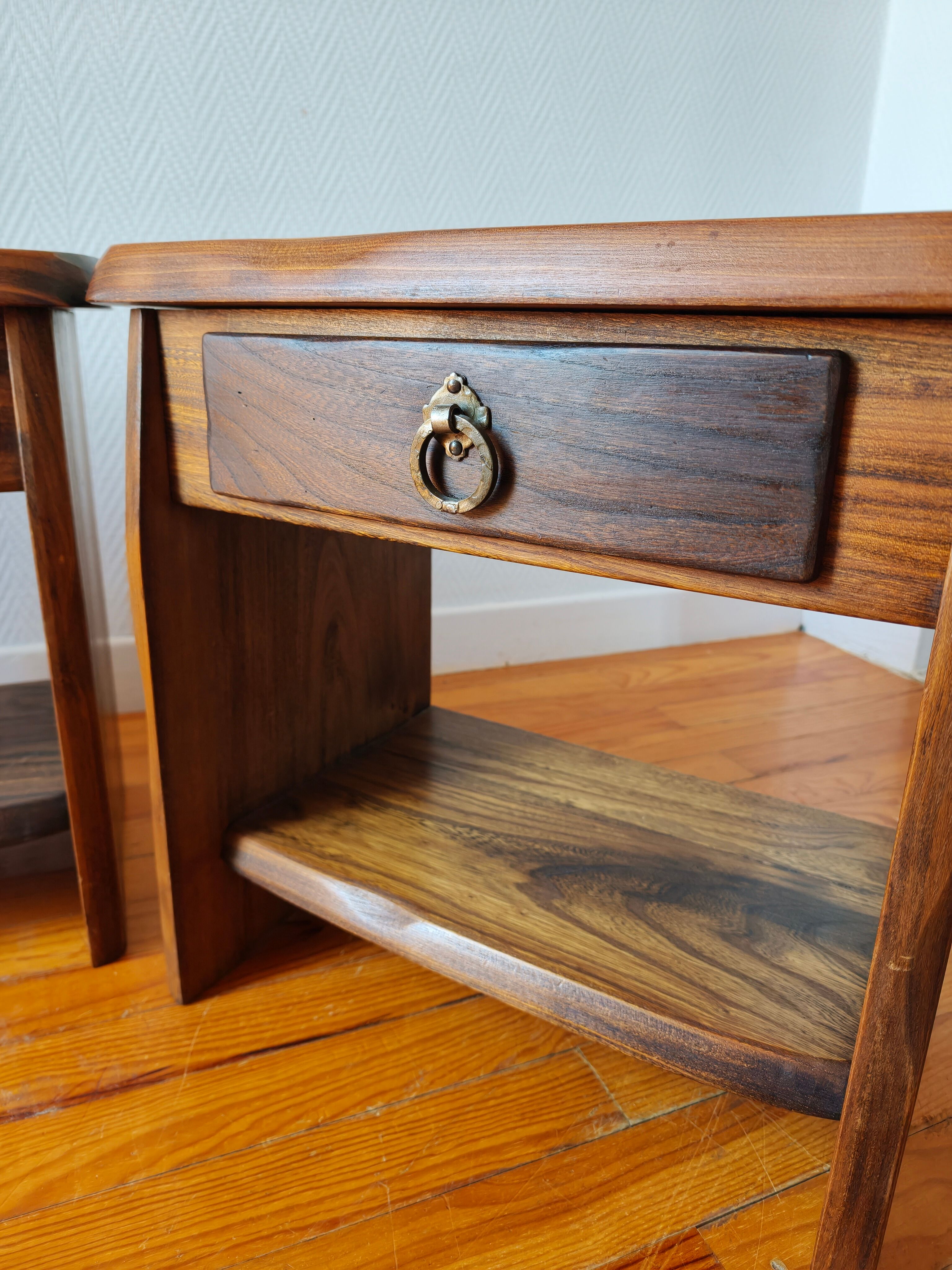 Pair of solid elm bedside tables, France 1970.