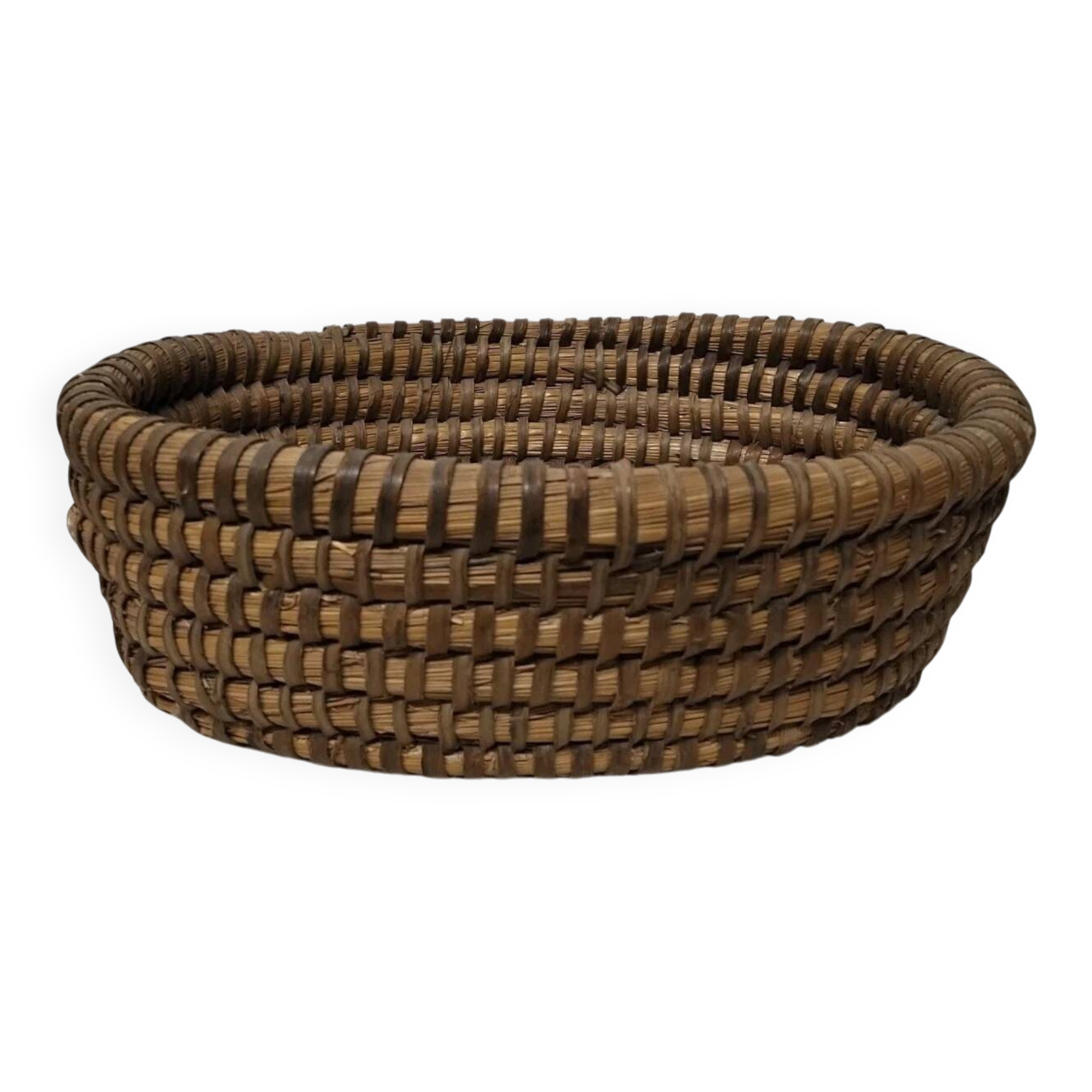 Antique Bread Basket - Vintage Braided Straw Bun Basket